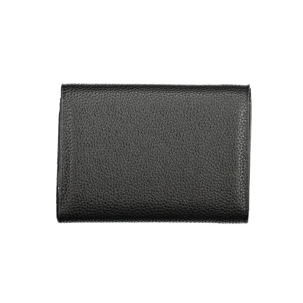 Mario Valentino Black Polyethylene Wallet with 3 compartments, coin purse, card spaces, and logo, made from recycled materials.