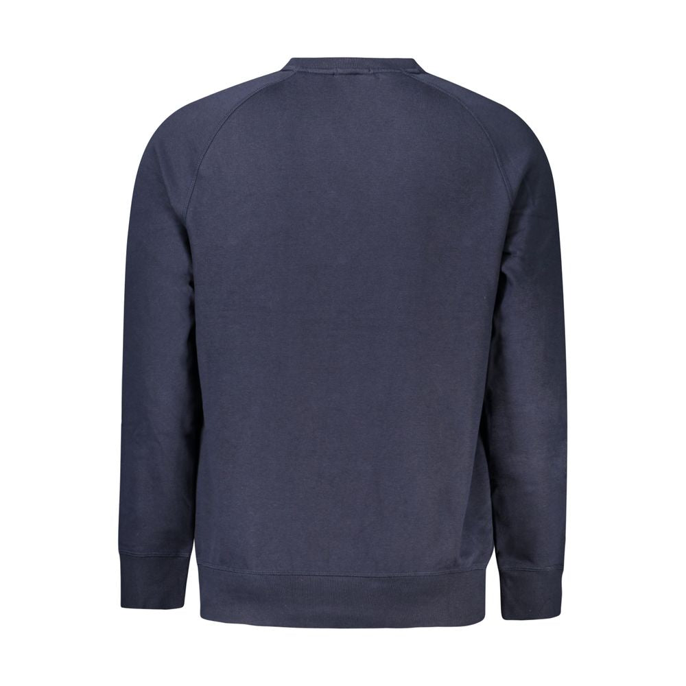 Back view of Timberland Blue Cotton Men Sweater with crew neck and embroidered logo, showcasing relaxed, refined style in cotton blend.