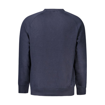 Back view of Timberland Blue Cotton Men Sweater with crew neck and embroidered logo, showcasing relaxed, refined style in cotton blend.