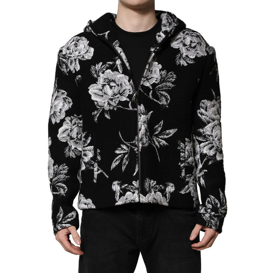 Dolce & Gabbana Black Wool Floral Printed Men Hooded Jacket