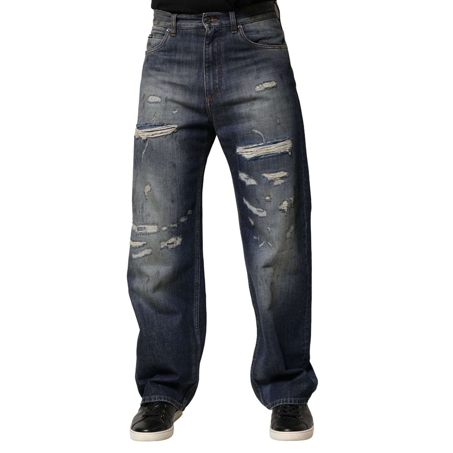 Dolce & Gabbana Blue Washed Tattered Cotton Men Jeans