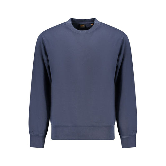 Hugo Boss Blue Cotton Men Sweater with embroidered logo, long sleeve, crew neck, made from organic cotton.