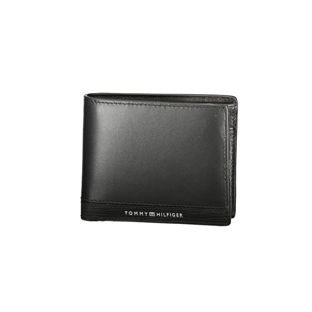 Tommy Hilfiger Black Leather Men Wallet with compartments and coin purse showcasing iconic logo and stylish contrasting details.