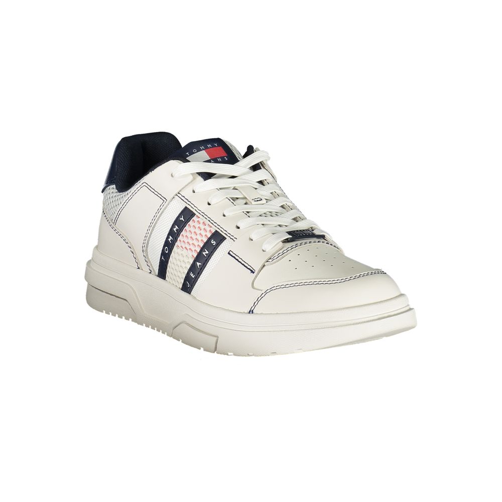 Tommy Hilfiger Blue Leather Men Sneaker with contrast stitching and embroidery, offering style and comfort with a removable insole.
