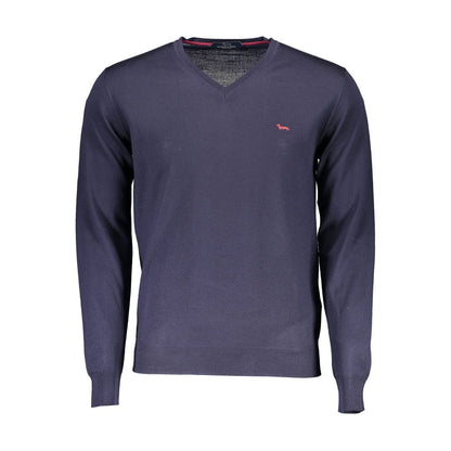 Harmont & Blaine Blue Wool Men Sweater with V-neck and long sleeves, crafted in Italy for timeless elegance and comfort.