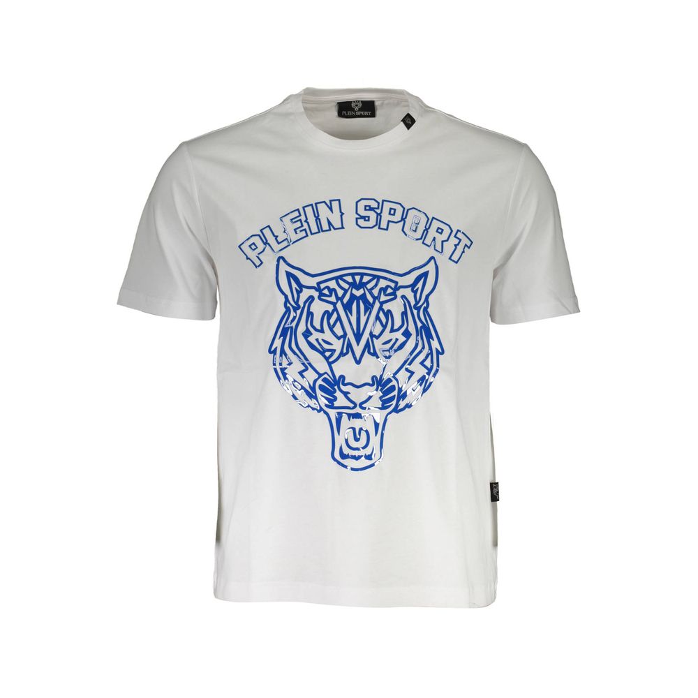 Plein Sport White Cotton Men T-Shirt with bold blue tiger print on front, short-sleeve crew-neck design highlighting style and comfort for athletes