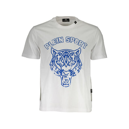 Plein Sport White Cotton Men T-Shirt with bold blue tiger print on front, short-sleeve crew-neck design highlighting style and comfort for athletes