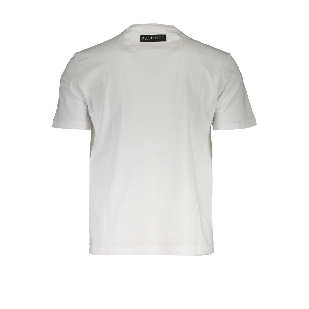 Plein Sport White Cotton Men T-Shirt with bold logo and short sleeves, perfect for trendsetters seeking comfort and style.