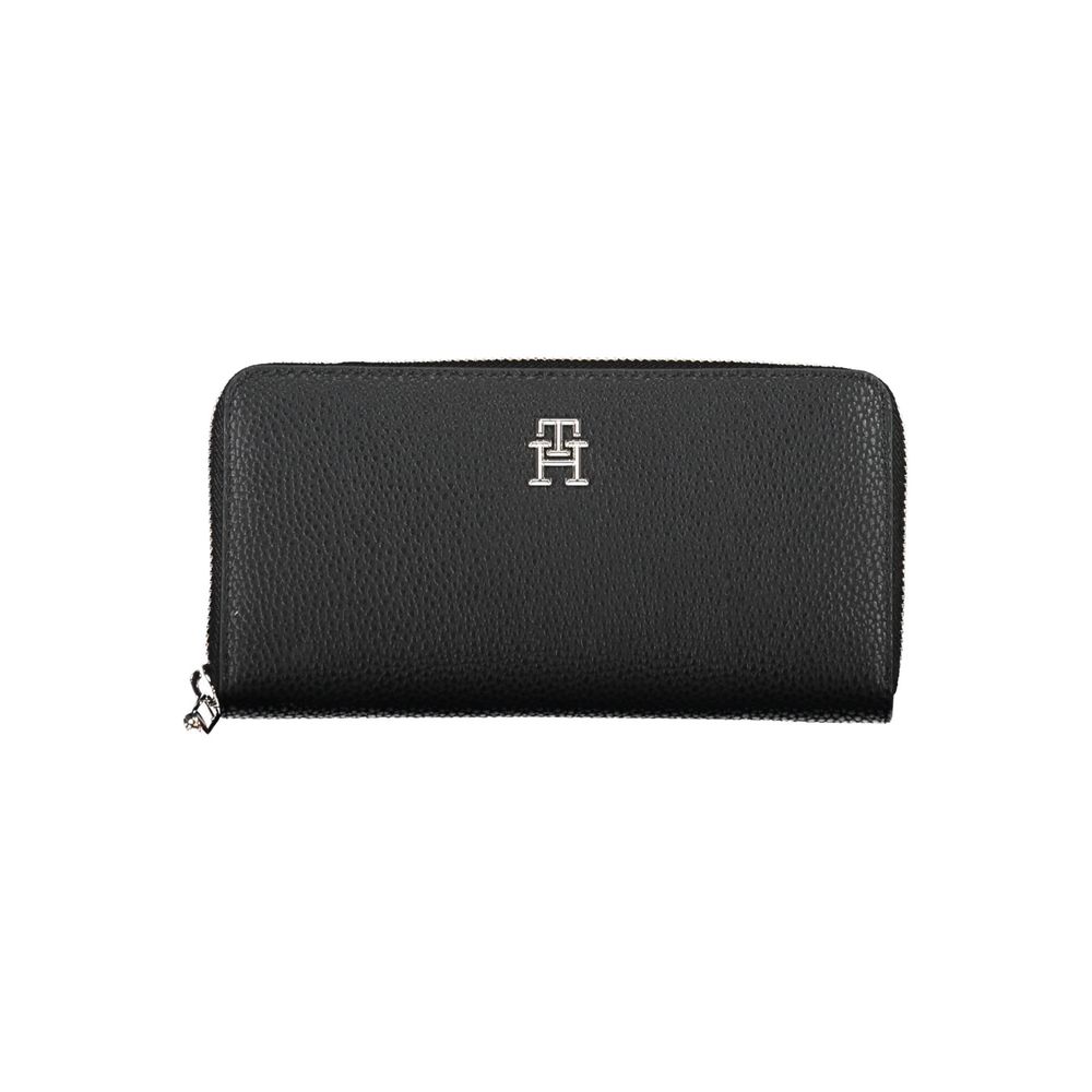 Tommy Hilfiger Black Polyethylene Women Wallet with zip closure and sleek design, featuring a logo for modern style.