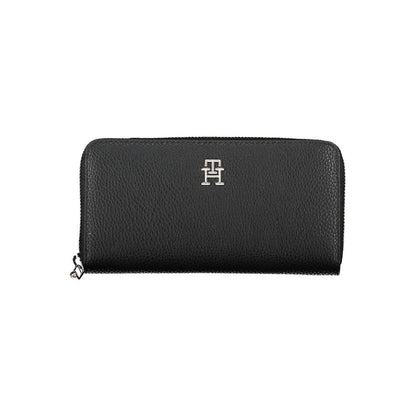 Tommy Hilfiger Black Polyethylene Women Wallet with zip closure and sleek design, featuring a logo for modern style.