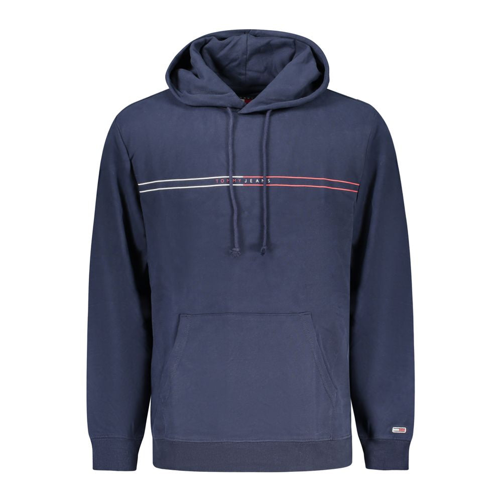 Tommy Hilfiger Blue Cotton Men Sweater with logo and hoodie, featuring central pocket and brushed finish for stylish comfort.