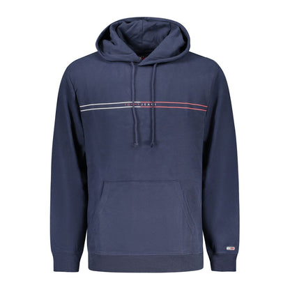 Tommy Hilfiger Blue Cotton Men Sweater with logo and hoodie, featuring central pocket and brushed finish for stylish comfort.