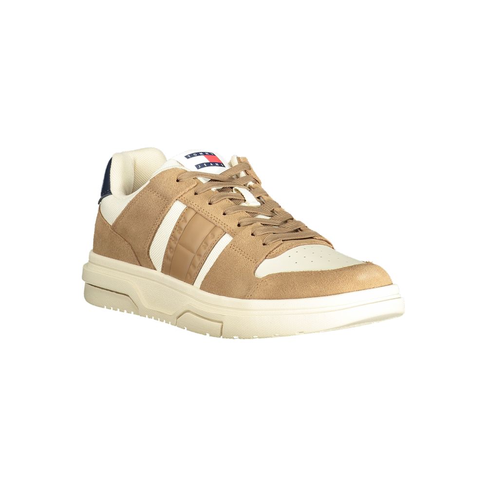 Tommy Hilfiger Beige Leather Men Sneaker with brown and blue details, classic and comfortable sports shoe for casual sophistication.