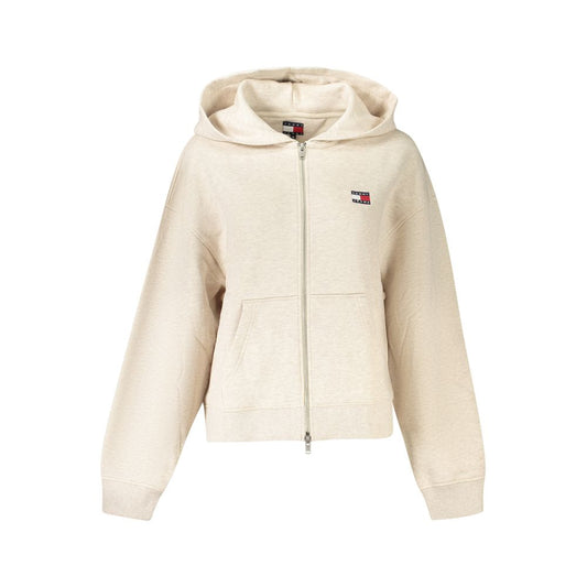Tommy Hilfiger Beige Cotton Women Sweater with hood, zip-up design, and logo embroidery