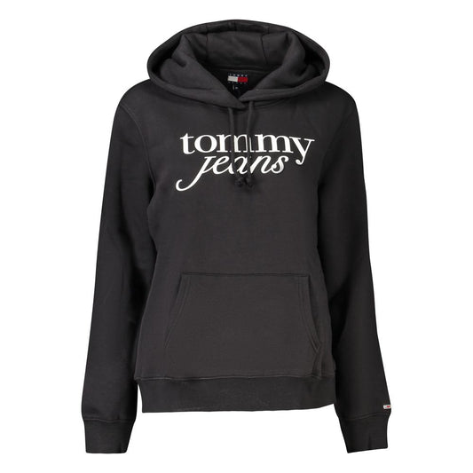 Tommy Hilfiger Black Cotton Women Sweater with hood and logo, featuring a central pocket, blending comfort and style for casual or trendy looks.
