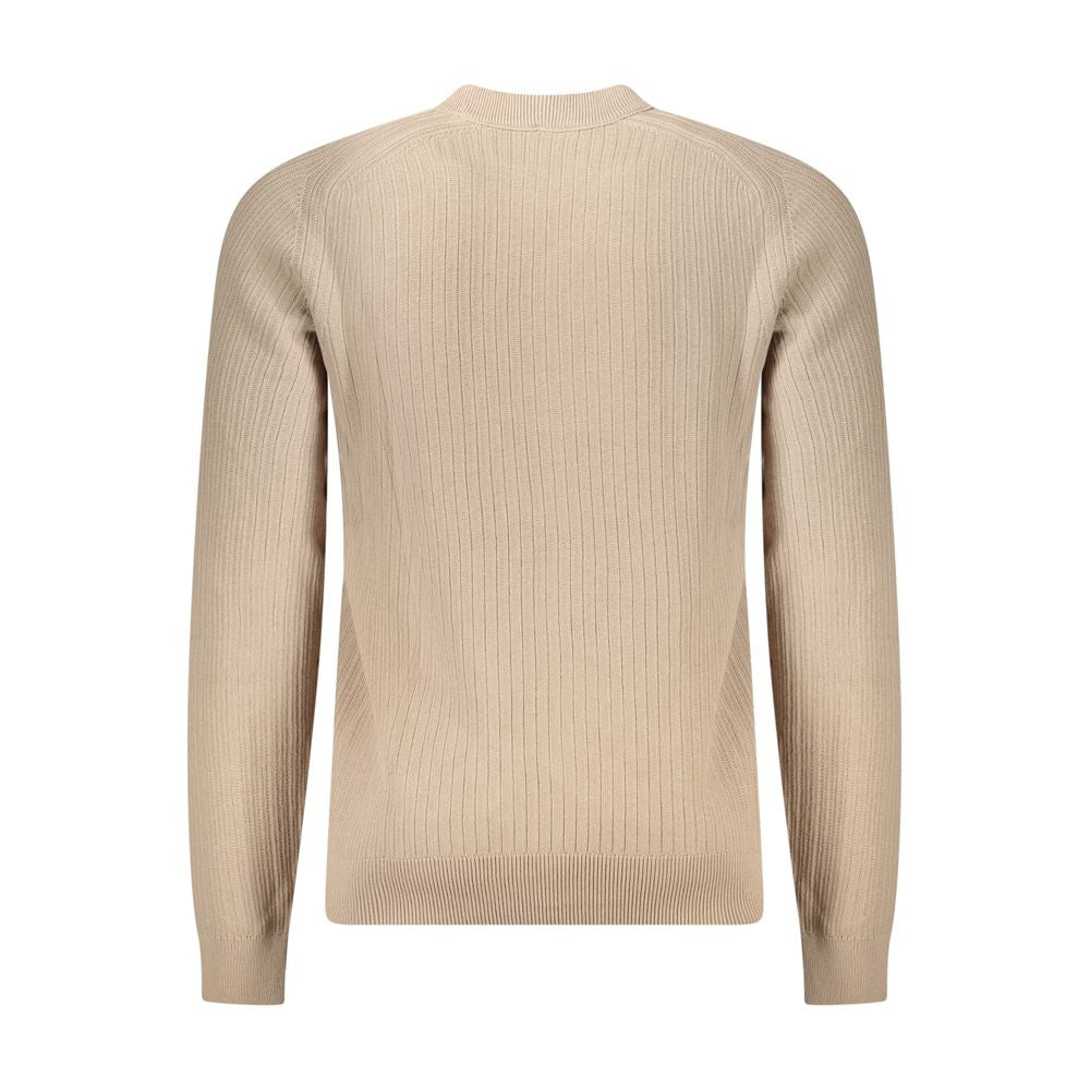 Hugo Boss Beige Cotton Men Sweater with crew neck and subtle logo, showcasing sophisticated design and premium quality craftsmanship.