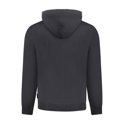 Rear view of Napapijri Black Cotton Men Sweater with hood and regular-fit style, featuring premium brushed finish for added sophistication.
