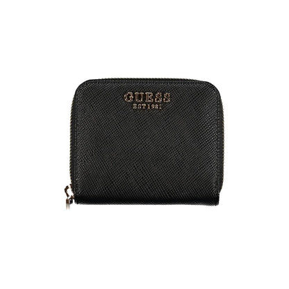 Alt Tag: Guess Jeans Black Polyethylene Wallet with coin purse, card spaces, contrasting details, and zip closure featuring logo