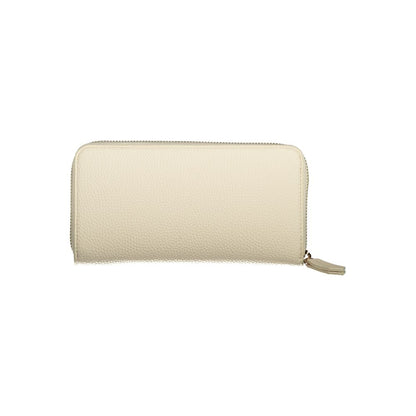 Mario Valentino Beige Polyethylene Wallet with zip closure and logo, featuring 6 compartments, coin purse, and recycled materials.