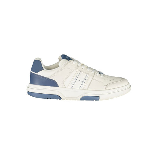 Tommy Hilfiger White Leather Men Sneaker with blue accents and logo, offering removable footbed for customizable comfort and style.