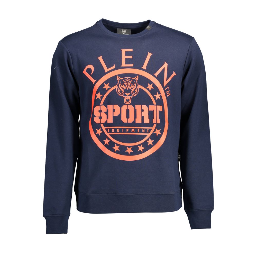 Plein Sport Blue Cotton Men Sweater with graphic print, long sleeves, and Plein logo, crafted for comfort and athletic style.