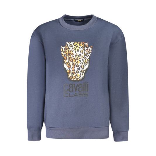 Cavalli Class Blue Cotton Women Sweater with bold print and classic logo, offering Italian craftsmanship and style.