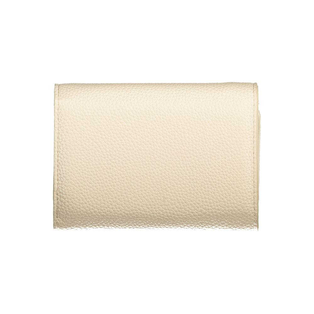 Mario Valentino Beige Polyethylene Wallet with 3 compartments, coin purse, and card slots. Features zip and automatic closure.