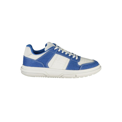 Tommy Hilfiger White Polyester Sneaker with contrast blue details and laces, perfect sports footwear choice.