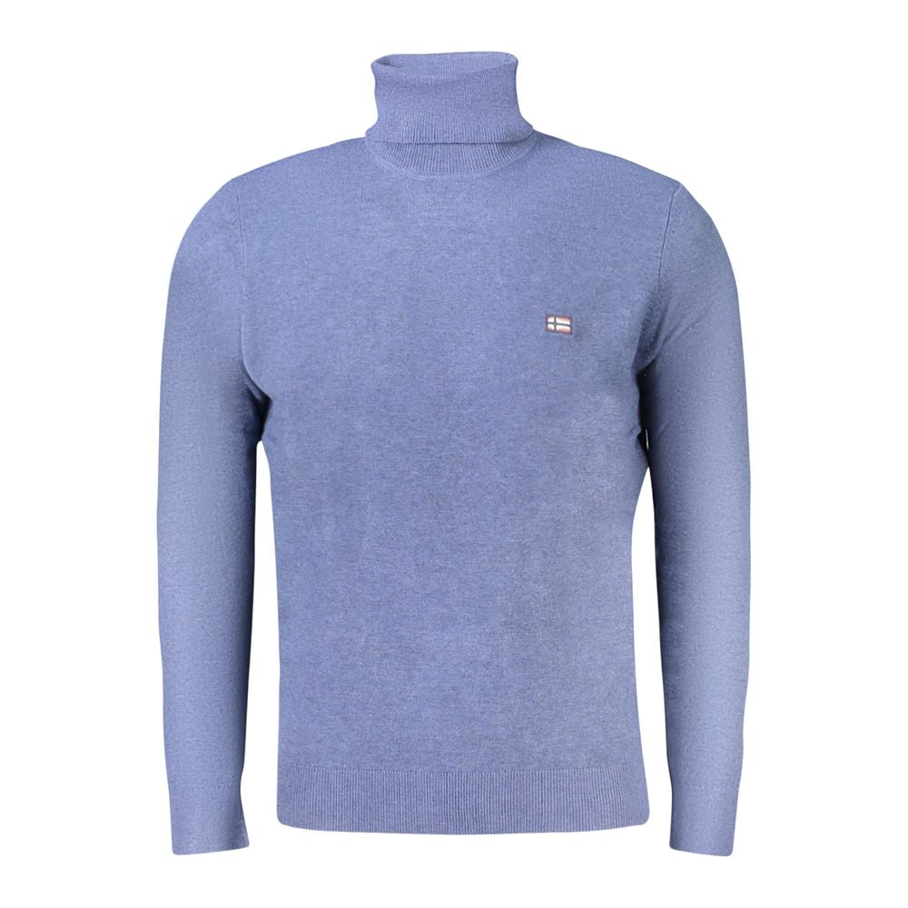 Norway 1963 Blue Wool Men Sweater with turtleneck and embroidery logo, showcasing Nordic elegance in a blend of Polyester and Wool.