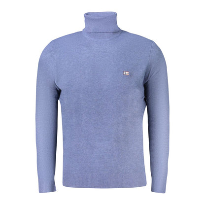 Norway 1963 Blue Wool Men Sweater with turtleneck and embroidery logo, showcasing Nordic elegance in a blend of Polyester and Wool.
