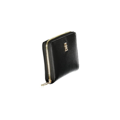 Tommy Hilfiger Black Polyethylene Women Wallet with zip closure and iconic logo, showcasing sleek design and multiple compartments.