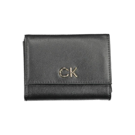 Calvin Klein Black Polyester Women Wallet with CK logo, sleek design, durable polyester blend, automatic closure for modern fashion.