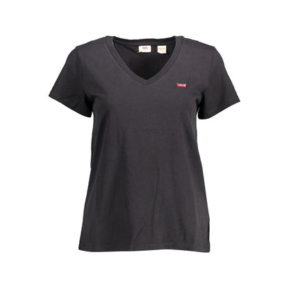 Levi's Black Cotton Women T-Shirt with V-neck and short sleeves, made from 100% organic cotton, featuring iconic Levi's logo for chic style.