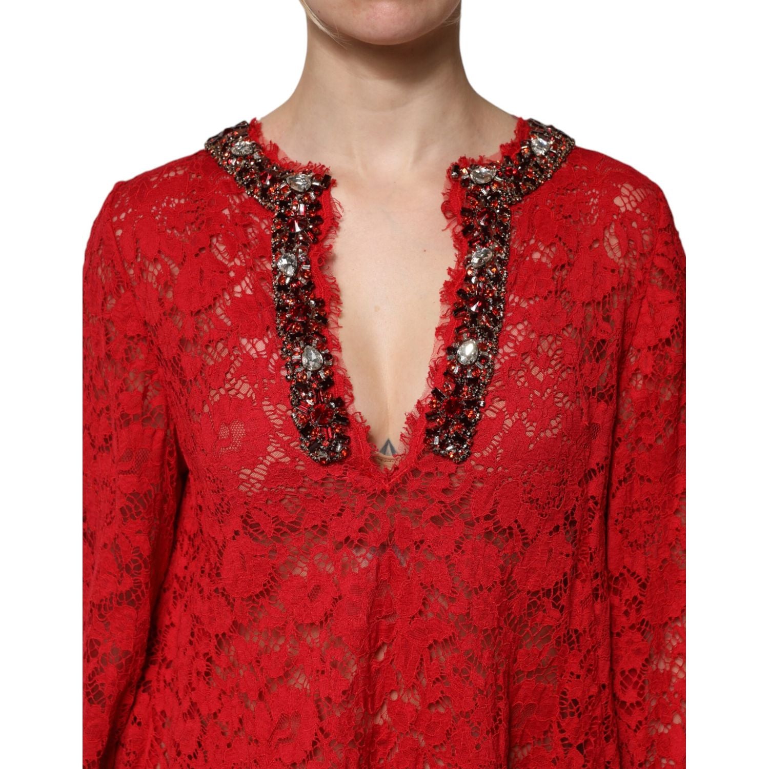 Dolce & Gabbana Red Floral Lace Rhinestone Embellished Dress