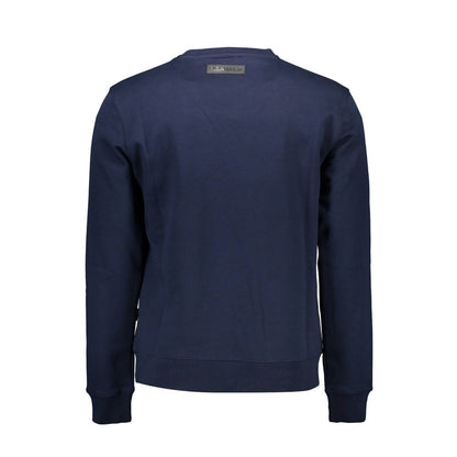 Back view of Plein Sport Blue Cotton Men Sweater showing crew neck and long sleeves.