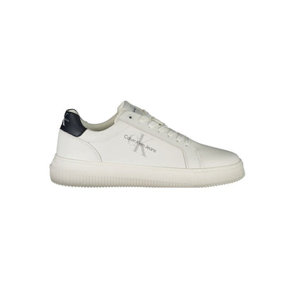 Calvin Klein White Leather Men Sneaker with black details and iconic logo, showcasing sustainable design and removable insole for comfort.