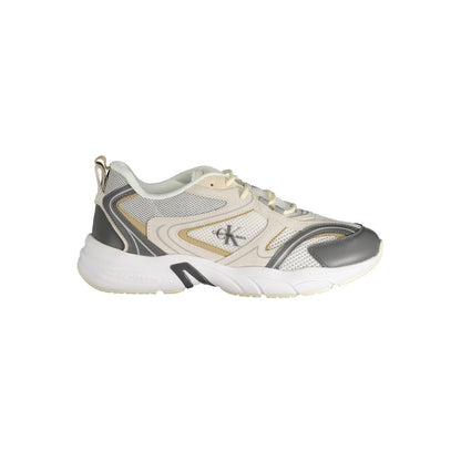 Calvin Klein Beige Polyester Sneaker with contrast details, lace-up sports footwear featuring logo and print.