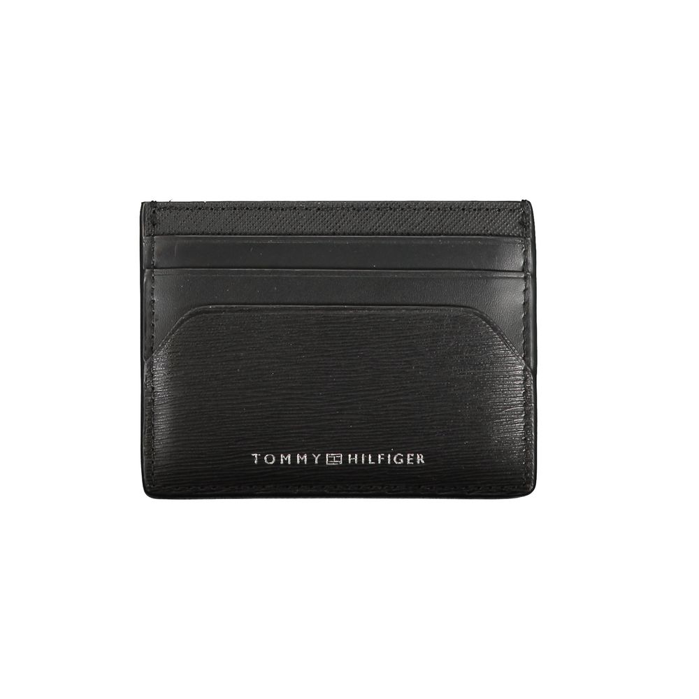 Tommy Hilfiger Black Leather Wallet featuring card holder, central pocket, with logo print.