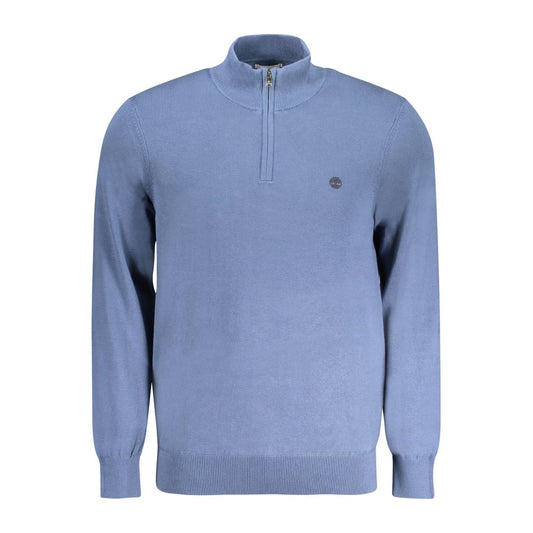 Timberland Blue Cotton Men Sweater with half-zip design, made from organic cotton, with sleek brand logo, ideal for stylish, eco-conscious wearers.
