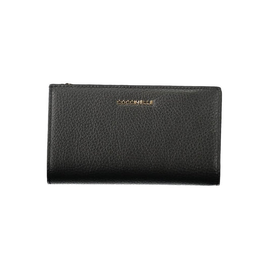 Coccinelle Black Leather Women Wallet with sleek design and metallic logo, featuring dual compartments and secure coin purse.