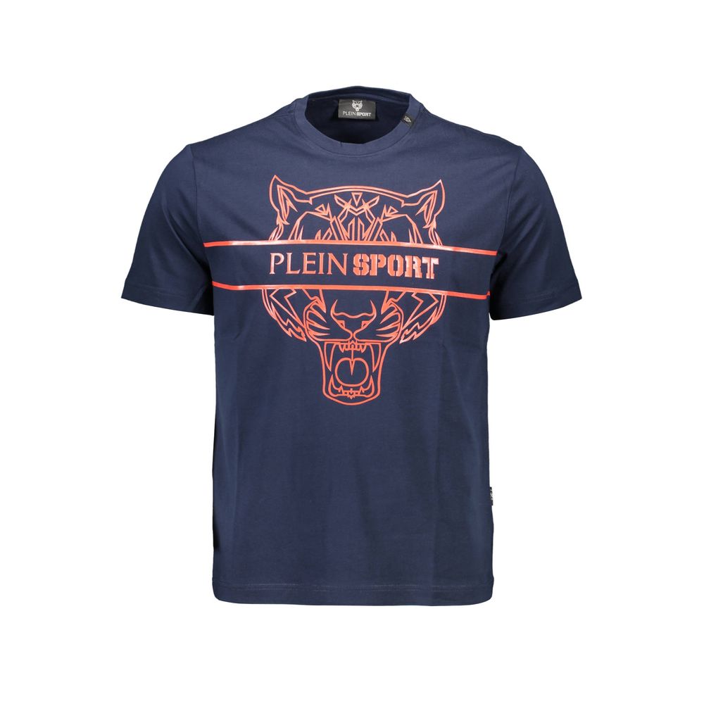 Plein Sport Blue Cotton Men T-Shirt with bold logo and contrasting design, crew neck short sleeve for high-fashion sportswear style.