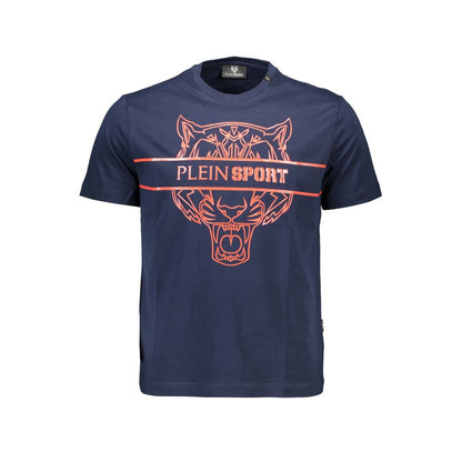 Plein Sport Blue Cotton Men T-Shirt with bold logo and contrasting design, crew neck short sleeve for high-fashion sportswear style.