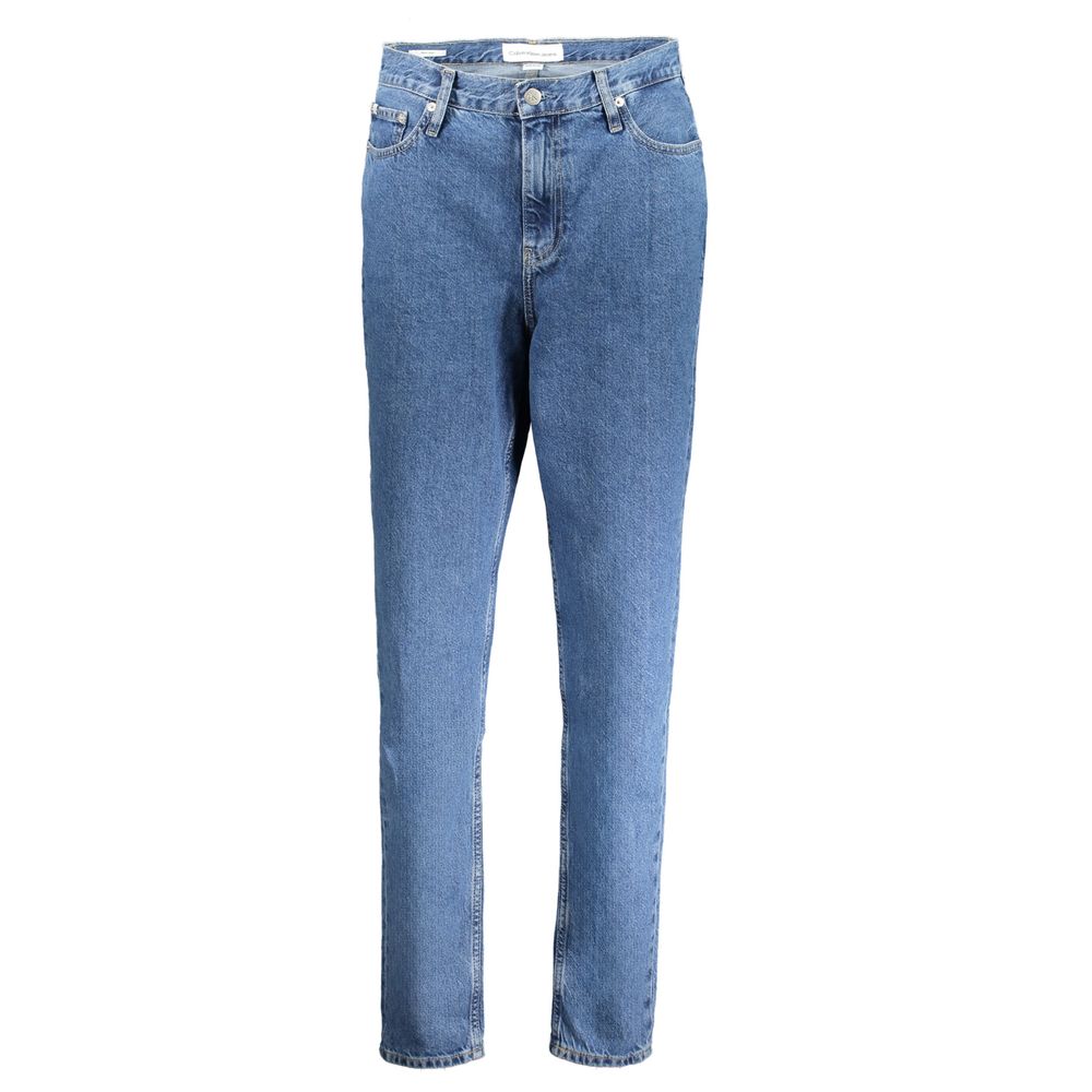 Calvin Klein Blue Cotton Women Jeans with button-and-zip closure, classic five-pocket design, and CK logo in eco-friendly blue denim.