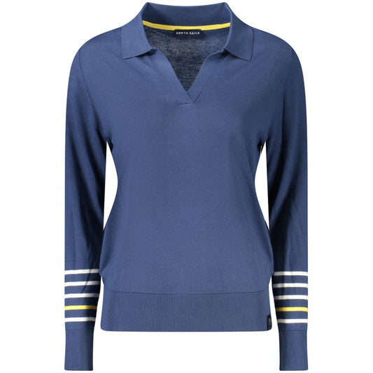North Sails Blue Cotton Women Sweater with V-neck and logo, featuring elegant contrasting details for a sophisticated casual look.