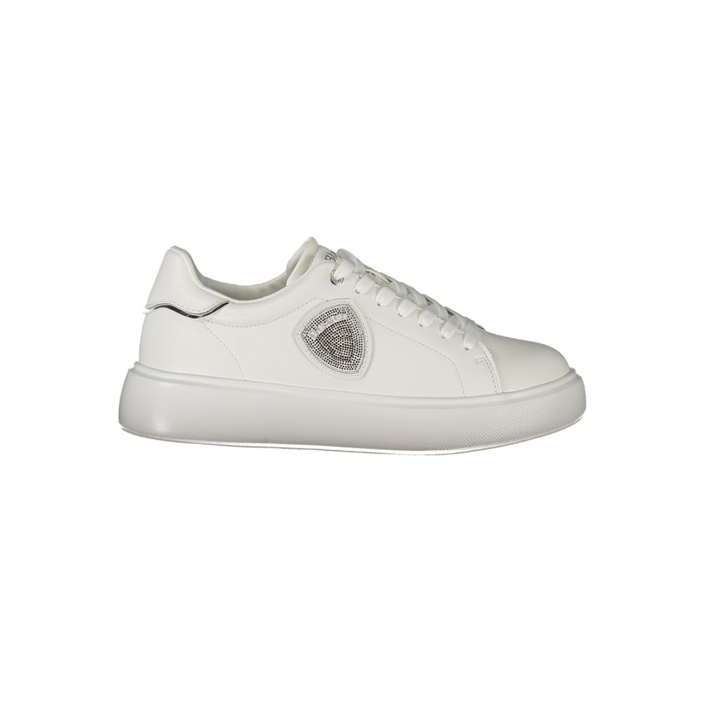 Blauer White Leather Women Sneaker with silver and rhinestone accents, featuring removable insole and iconic Blauer logo for urban chic style.