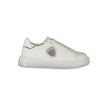 Blauer White Leather Women Sneaker with silver and rhinestone accents, featuring removable insole and iconic Blauer logo for urban chic style.