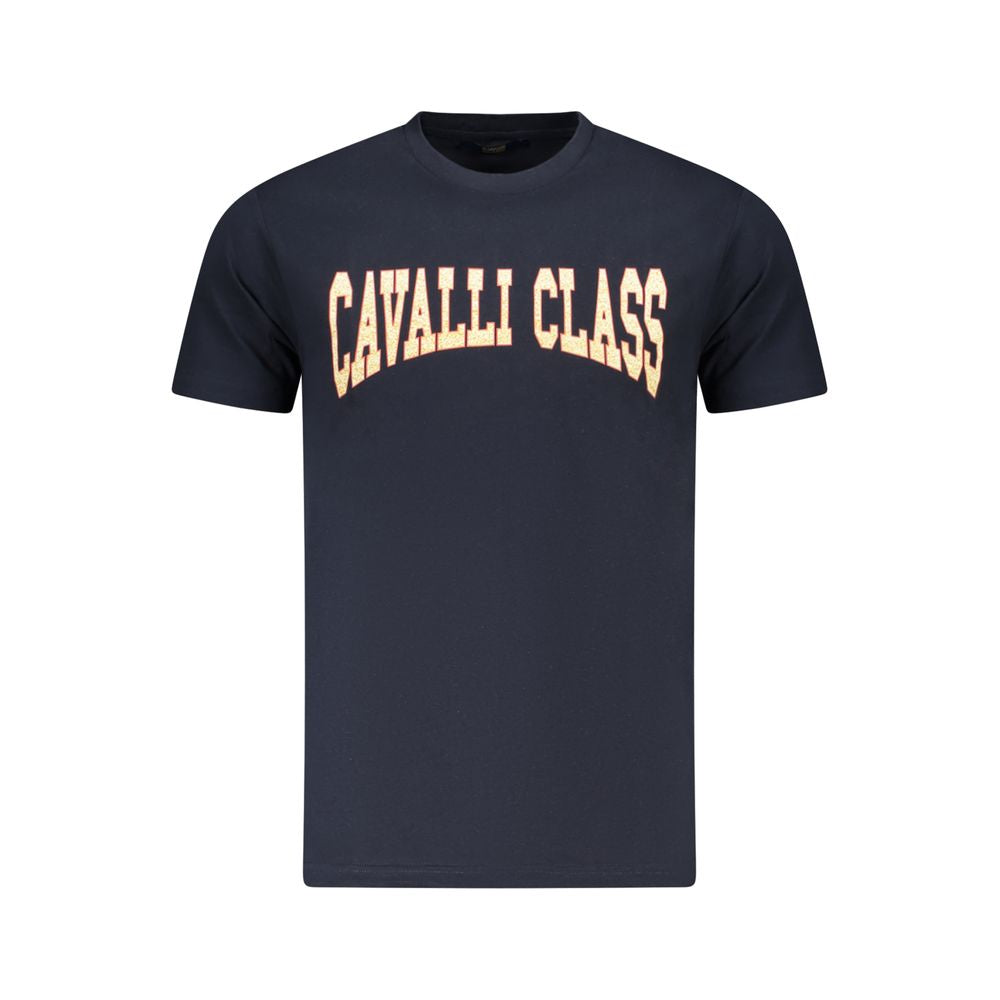 Cavalli Class Blue Cotton Men T-Shirt with signature print, short sleeves, and classic crew neck in luxury designer wear.