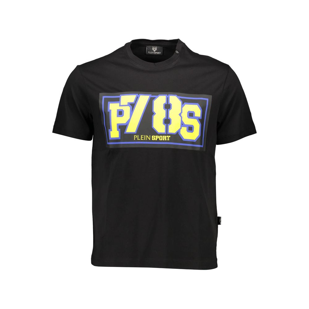 Plein Sport Black Cotton Men T-Shirt with bold print and contrasting details, short sleeve crew neck design for stylish athletic comfort.
