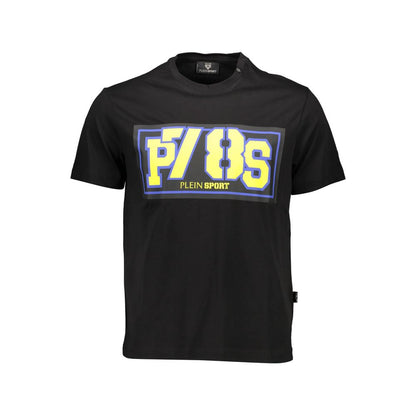 Plein Sport Black Cotton Men T-Shirt with bold print and contrasting details, short sleeve crew neck design for stylish athletic comfort.