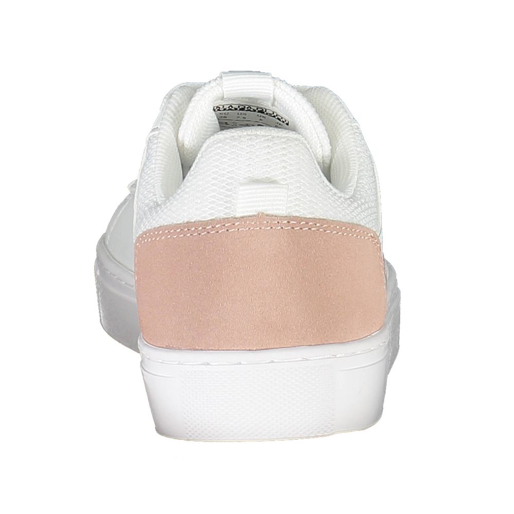 Napapijri White Leather Women Sneaker featuring a stylish pink heel detail and logo, perfect for casual urban fashion.